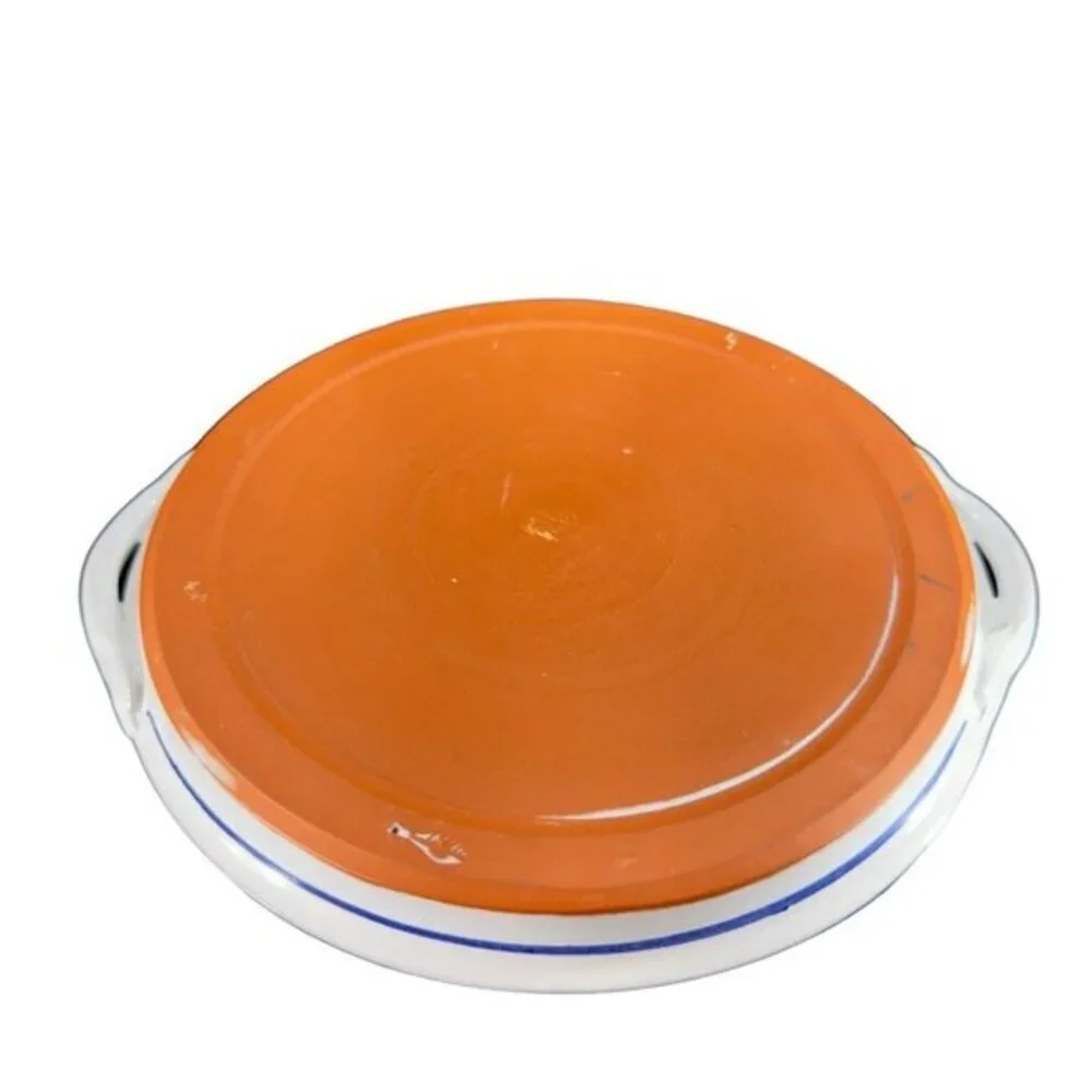 Hand Made Folk Art RedWare Dish Platter Blue Cat Kitty With‎ Handles Marked VTG